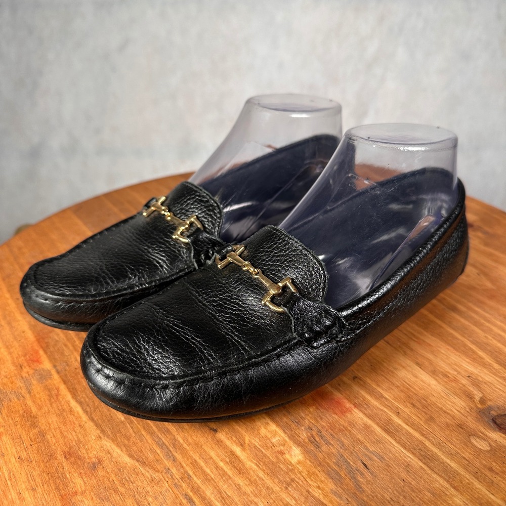 Saks Fifth Avenue Loafers Women 7.5B Black Excellent Horsebit Pebbled Leather